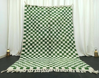 Alfombra marroquí de lana hecha a mano, a cuadros verdes y blancos