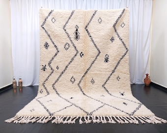 Rug for living room, Handmade Moroccan Wool Rug, Ivory and Black Berber Area Carpet, High Pile, Moroccan rug, beni ourain rug