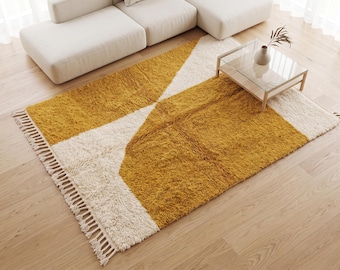 Moroccan Abstract Wool Rug - Mustard Yellow and Ivory Handmade Shaggy Rug - High Pile Plush Berber Carpet - Boho Area Rug for living room