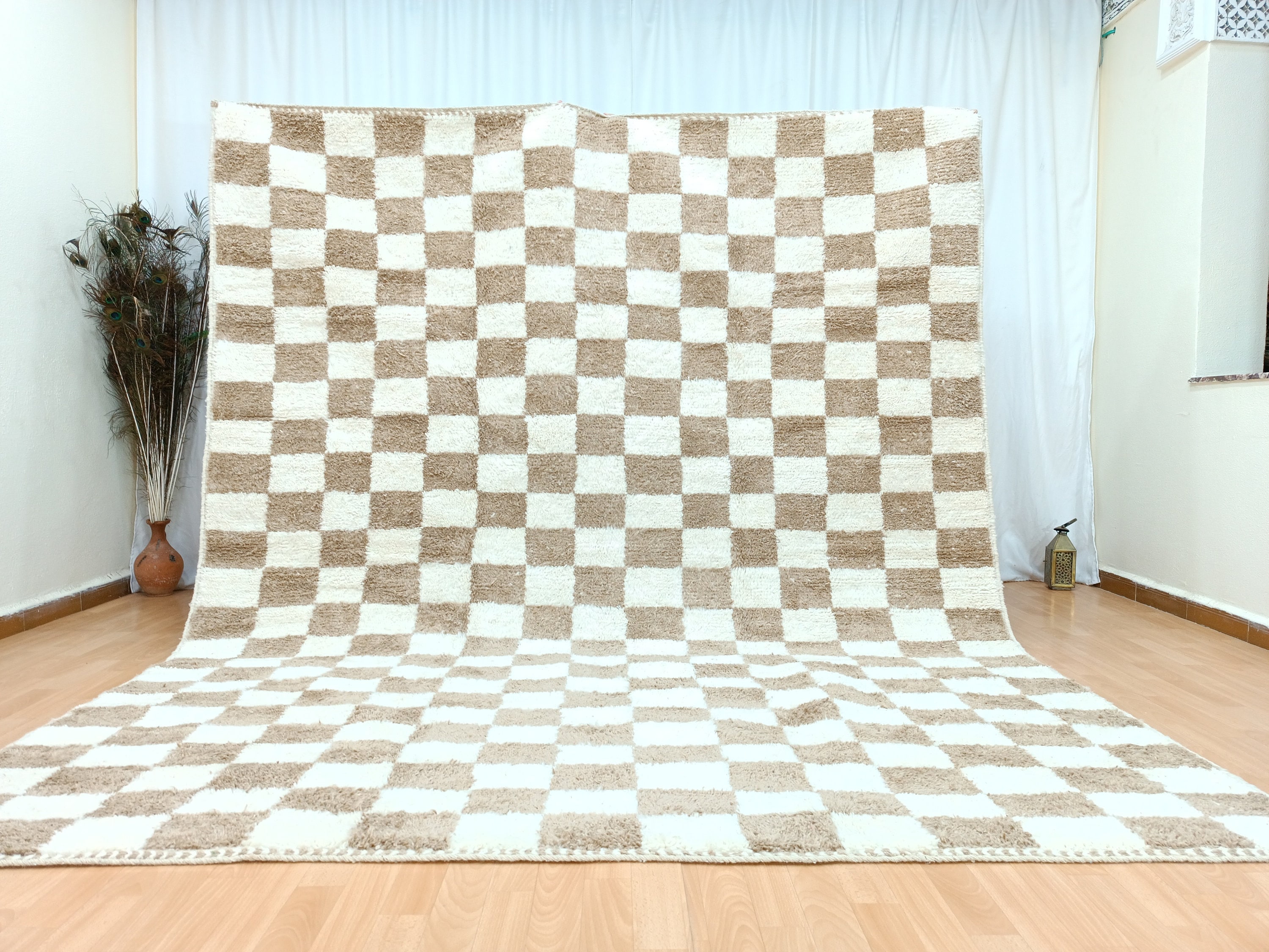 Checkerboard Beige Rug, Handmade Rug, Boho Area Rug, White and Beige Rug, Custom Moroccan Rug, Living Room Decor, Handgefertigter Teppich