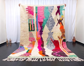Multicolor Moroccan Area Rug - Hanmade Boujad Berber Wool Carpet - Maximalist Boho Decor - Custom High Pile Shag - Pink & Green - 5x8