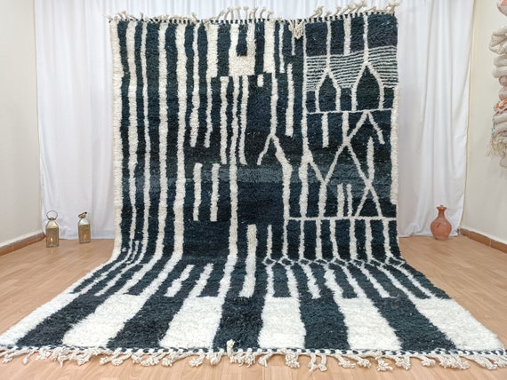 Handmade Beni Ourain Rug, Abstract Moroccan Wool Carpet, Custom Black and White Rug