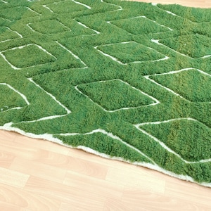 May include: A green and white geometric patterned rug with a white border. The rug is made of a soft, plush material.