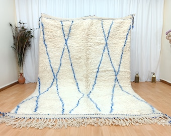 White and blue rug, Custom wool rug, Area handmade rug, Large white carpet, Beni Ourain rug, Schlafzimmer teppich, Blue rug for living room