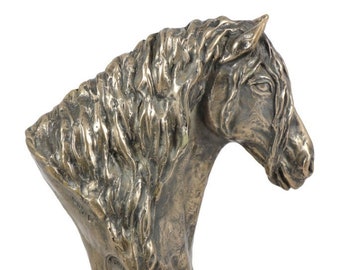 フリージアン馬の像、コールドキャストブロンズ彫刻、大理石の台座