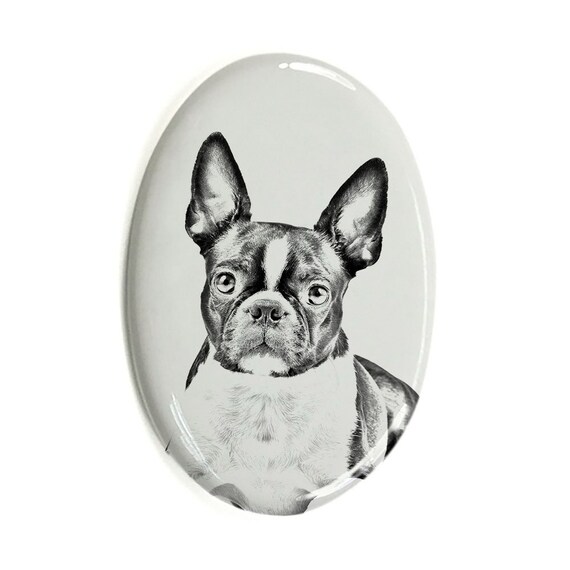 Boston Terrier Tombstone Plaque With a Photo of a Dog, Ceramic