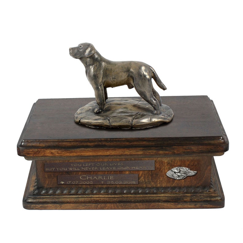 Urn with Name Labrador Retriever Urn for Dog Ashes Memorial with Statue on Top Dates and Quote Lower Model of Wooden Urn