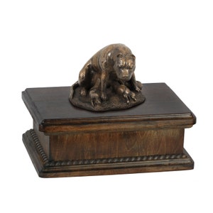 American Staffordshire Terrier Mother with Puppies Urn for Dog Ashes, Memorial with Statue on Top, Lower Wooden Urn