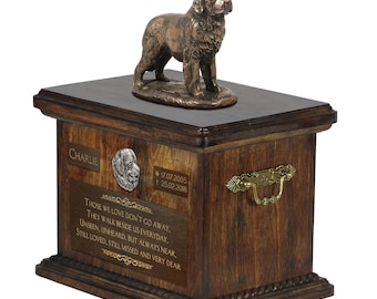 Newfoundland Urn voor De As van de hond, Urn met Naam, Data en Citaat, Gedenkteken met Standbeeld bovenop, Houten Urn