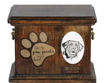 Stabyhoun Urn for Dog Ashes, Personalized Memorial with a Photo on a Ceramic Plaque, Pet’s Name and Quote