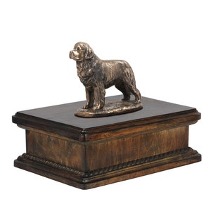Newfoundland Urn for Dog Ashes, Memorial with Statue on Top, Lower Wooden Urn