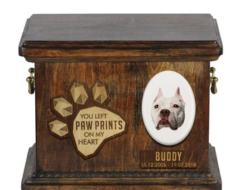 Pit Bull Urn for Dog Ashes, Personalized Memorial with a Geometric Graphics  on a Ceramic Plaque, Pet’s Name and Quote