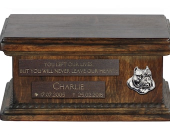 American Bully Urn for Dog Ashes, Personalized Memorial with Relief, Pet’s Name and Quote, Lower Model
