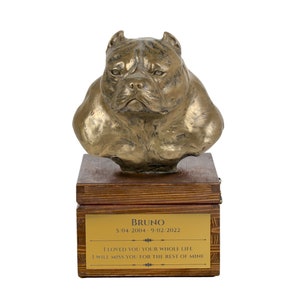 American Bully Urne für Hundeasche, Urne mit Gravur und Skulptur eines Hundes, Urne mit Hundestatue und Gravur, Custom Urne für einen Hund