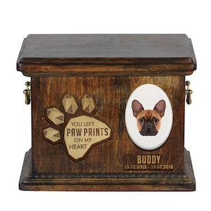 Französische Bulldogge Urne für Hund Asche, personalisierte Memorial mit einer geometrischen Grafik auf einer Keramik-Plakette, Haustier Name und Zitat