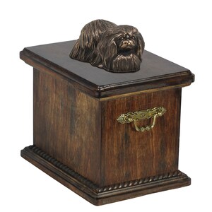 Pekingese Urn for Dog Ashes, Memorial with Statue on Top, Wooden Urn