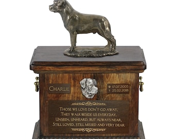 Rottweiler Urn voor de as van de hond, Urn met naam, dateert en citeer: Memorial met standbeeld op bovenkant, houten Urn