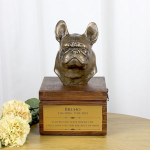 Französische Bulldogge Urne für Hundeasche, Urne mit Gravur und Skulptur eines Hundes, Urne mit Hundestatue und Gravur, Benutzerdefinierte Urne für einen Hund