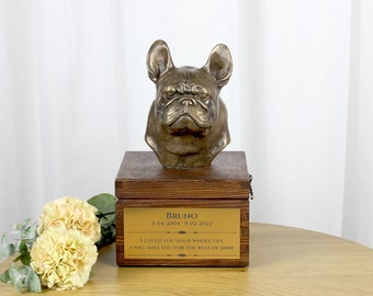 Français Urne Bulldog pour les cendres de chien, Urne avec gravure et sculpture d’un chien, Urne avec statue et gravure de chien, Urne personnalisée pour chien