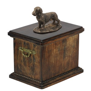 Dachshund wirehaired Urn for Dog Ashes, Memorial with Statue on Top, Wooden Urn