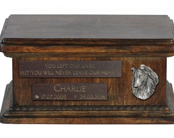 Rough Collie Urn for Dog Ashes, Personalized Memorial with Relief, Pet’s Name and Quote, Lower Model