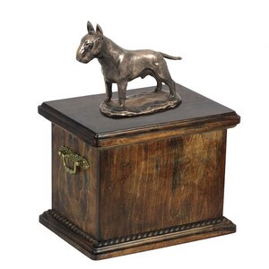 Bull Terrier standing Urn for Dog Ashes, Memorial with Statue on Top, Wooden Urn