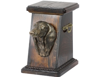 Dachshund Longhaired Urn for Dog Ashes, Memorial with Statue, Urn with Statuette