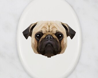 Pug Tombstone Plaque with a Graphics, Ceramic plate with Geometric Dog, Memorial Plaque