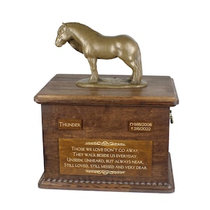 Fell pony mare Big Urn for Horse Ashes, Urn with Name, Dates and Quote, Memorial with Statue on Top, Wooden Urn, Customizable Urn for horse