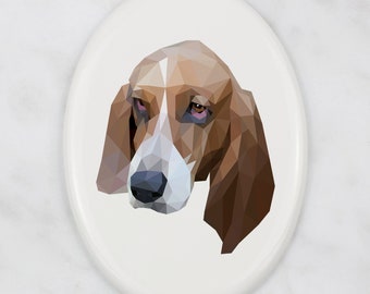Basset Hound Tombstone Plaque with a Graphics, Placa de cerámica con perro geométrico, placa conmemorativa