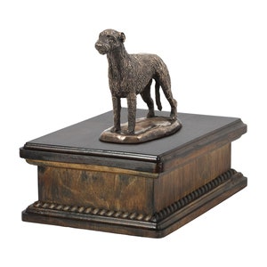 Irish Wolfhound Urn for Dog Ashes, Memorial with Statue on Top, Lower Wooden Urn