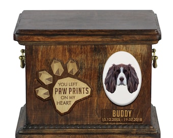 Springer Spaniel Urn for Dog Ashes, Personalized Memorial with a Geometric Graphics on a Ceramic Plaque, Pet’s Name and Quote