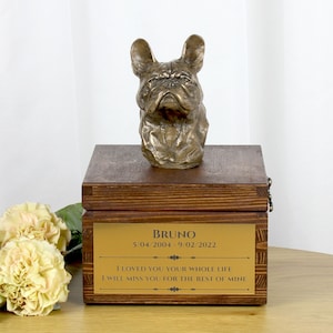 Französische Bulldogge Urne für Hundeasche, Urne mit Gravur und Skulptur eines Hundes, Urne mit Hundestatue und Gravur, Benutzerdefinierte Urne für einen Hund