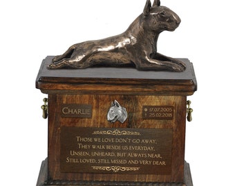 Bull Terrier Lying  Urn for Dog Ashes, Urn with Name, Dates and Quote, Memorial with Statue on Top, Wooden Urn