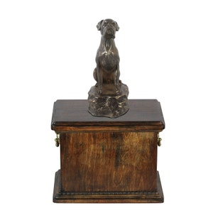 Boxer Sitting Urn for Dog Ashes, Memorial with Statue on Top, Wooden Urn