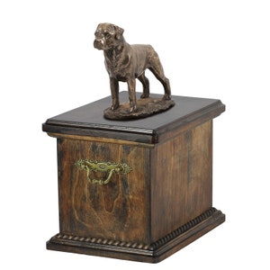 Rottweiler Urn for Dog Ashes, Memorial with Statue on Top, Wooden Urn