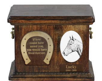Holsteiner horse Urn for Horse Ashes, Personalized Memorial with a Photo on a Ceramic Plaque, Pet’s Name and Quote