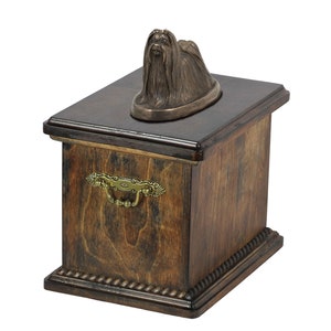 Urne maltaise de chien pour des cendres de chien, mémorial avec statue sur le dessus, urne en bois