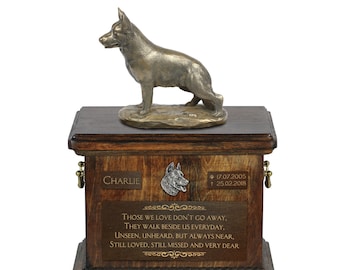 Duitse Herdershond Urn voor Dog Ashes, Urn met naam, data en citaat, Monument met standbeeld op de top, houten urn