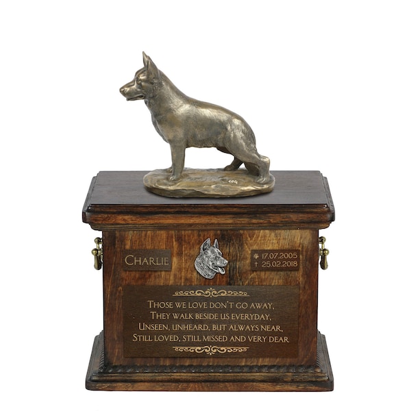 Urne allemande de chien de berger pour les cendres de chien, urne avec nom, dates et citation, mémorial avec statue sur dessus, urne en bois