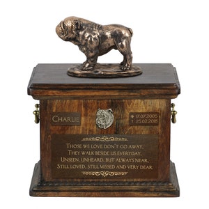 Bulldog Urn for Dog Ashes, Urn with Name, Dates and Quote, Memorial with Statue on Top, Wooden Urn