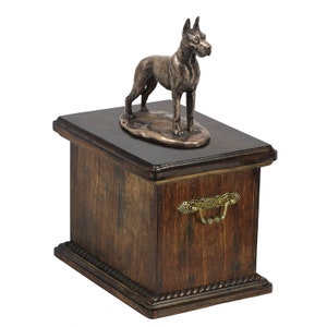 Great Dane cropped Urn for Dog Ashes, Memorial with Statue on Top, Wooden Urn