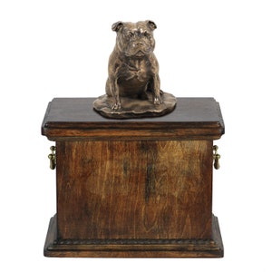 Staffordshire Bull Terrier Urn for Dog Ashes, Memorial with Statue on Top, Wooden Urn