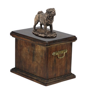 Pug Urn for Dog Ashes, Memorial with Statue on Top, Wooden Urn