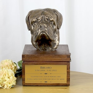 Urne Dogue de Bordeaux pour les cendres de chien, Urne avec gravure et sculpture d’un chien, Urne avec statue et gravure de chien, Urne personnalisée pour chien
