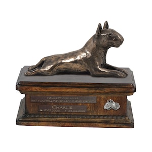 Bull Terrier Lying  Urn for Dog Ashes, Urn with Name, Dates and Quote, Memorial with Statue on Top, Lower Model of Wooden Urn