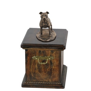 American Staffordshire Terrier uncropped Urn for Dog Ashes, Memorial with Statue on Top, Wooden Urn