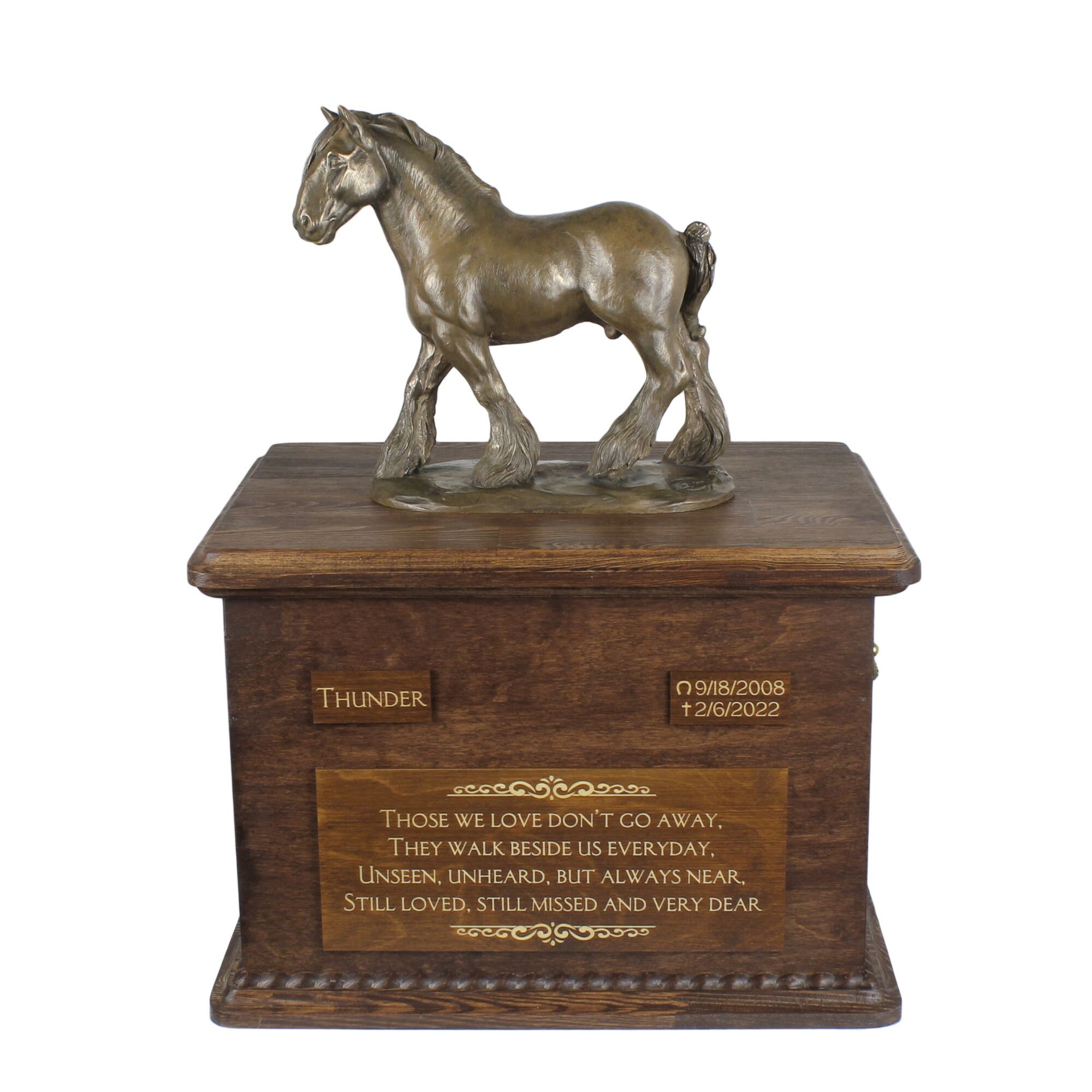 Shire paard Grote Urn voor Paarden As, Urn met Naam, Data en Citaat, Gedenkteken met Standbeeld op De Top, Houten Urn, Aanpasbare Urn voor paard
