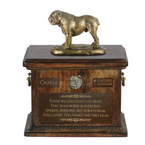 English Bulldog Urn for Dog Ashes, Urn with Name, Dates and Quote, Memorial with Statue on Top, Wooden Urn