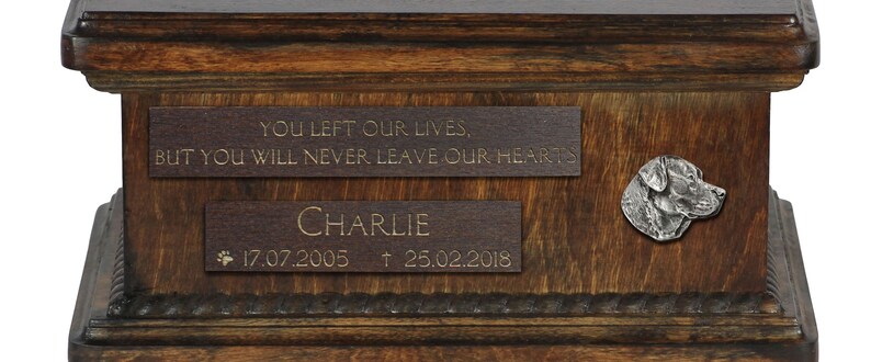 Urn with Name Labrador Retriever Urn for Dog Ashes Memorial with Statue on Top Dates and Quote Lower Model of Wooden Urn